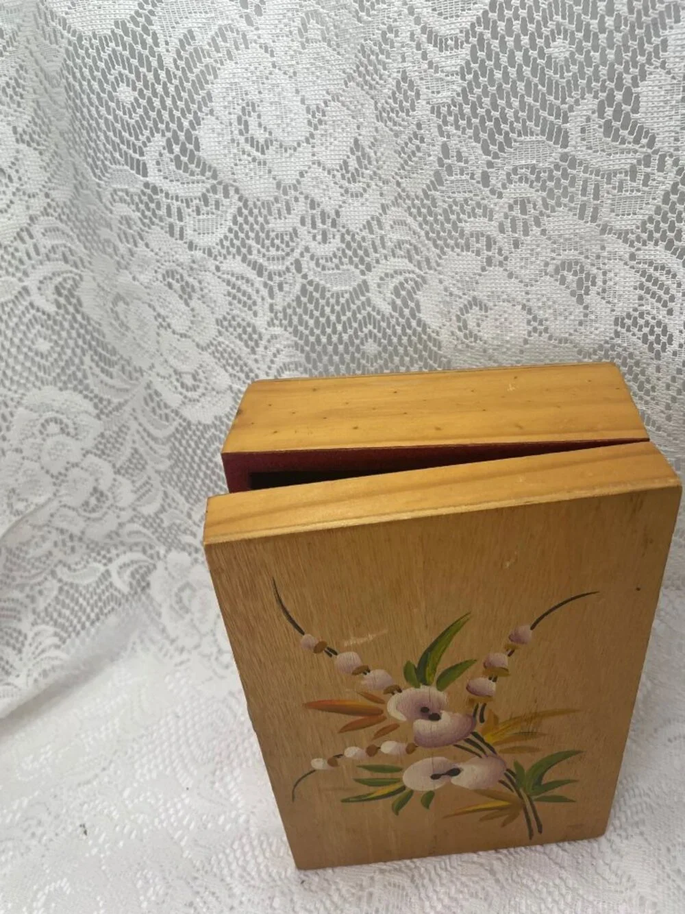 Handmade Wooden Jewelry Box With Floral Hand-Painted Design Red Felt Interior &